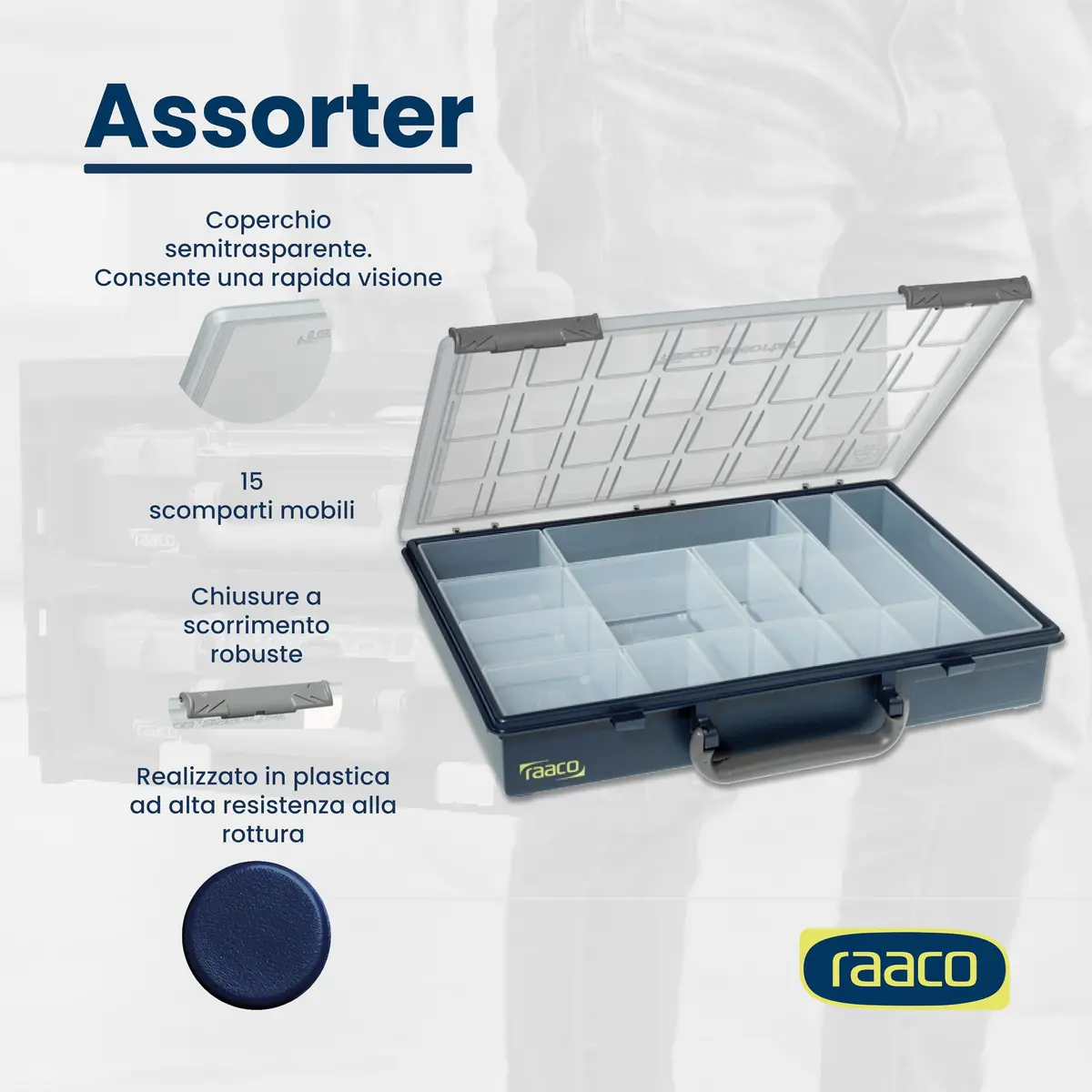 Raaco Assorter 55 4x8-15 Tool Box Organizer, 15-Slot, Semi-Transparent | Customizable Hardware Storage - view 3