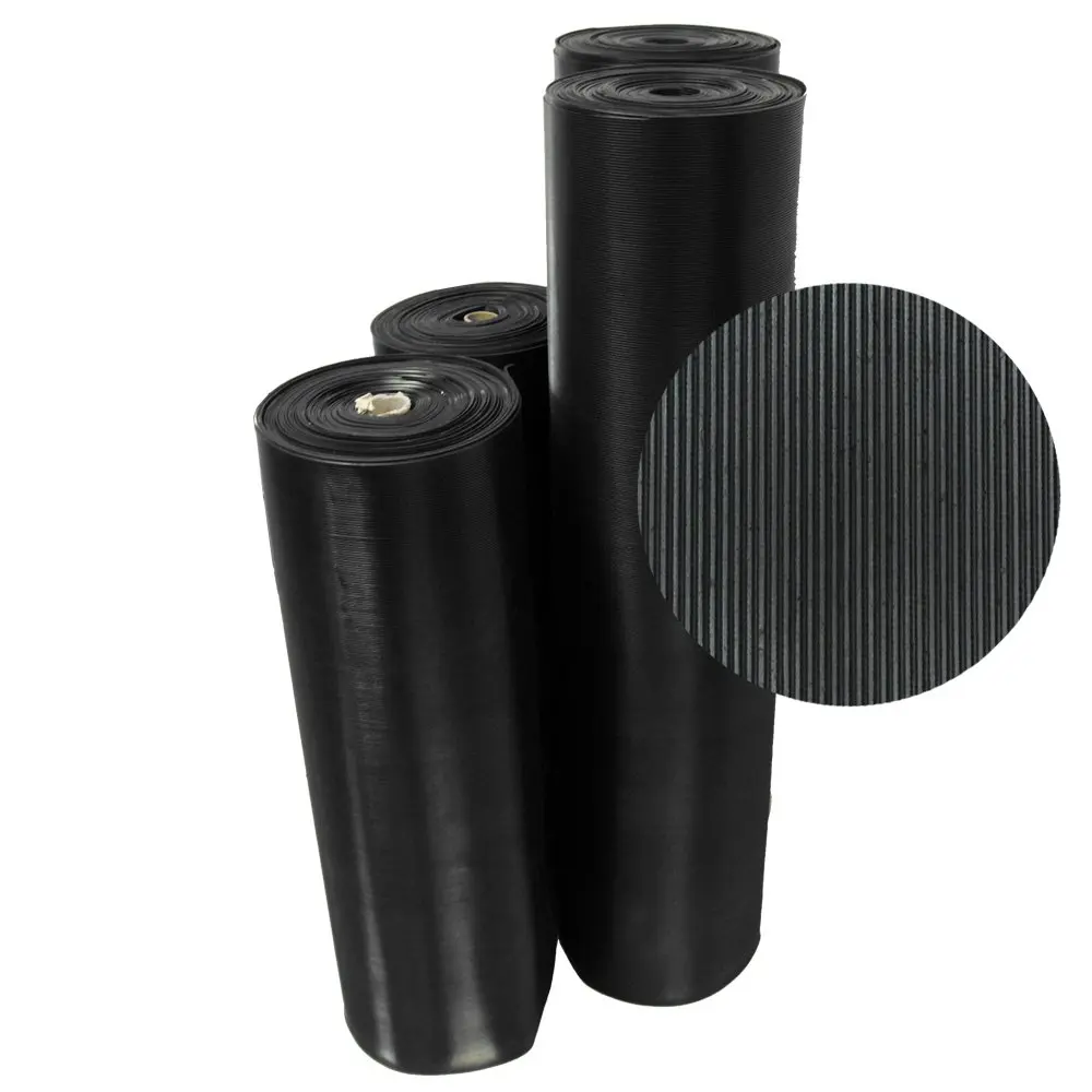 Rubber-Cal Fine Rib Corrugated Rubber Floor Mat - 1/8" x 4 ft x 4 ft Black | Anti-slip, moisture-resistant industrial rubber mat - main product image