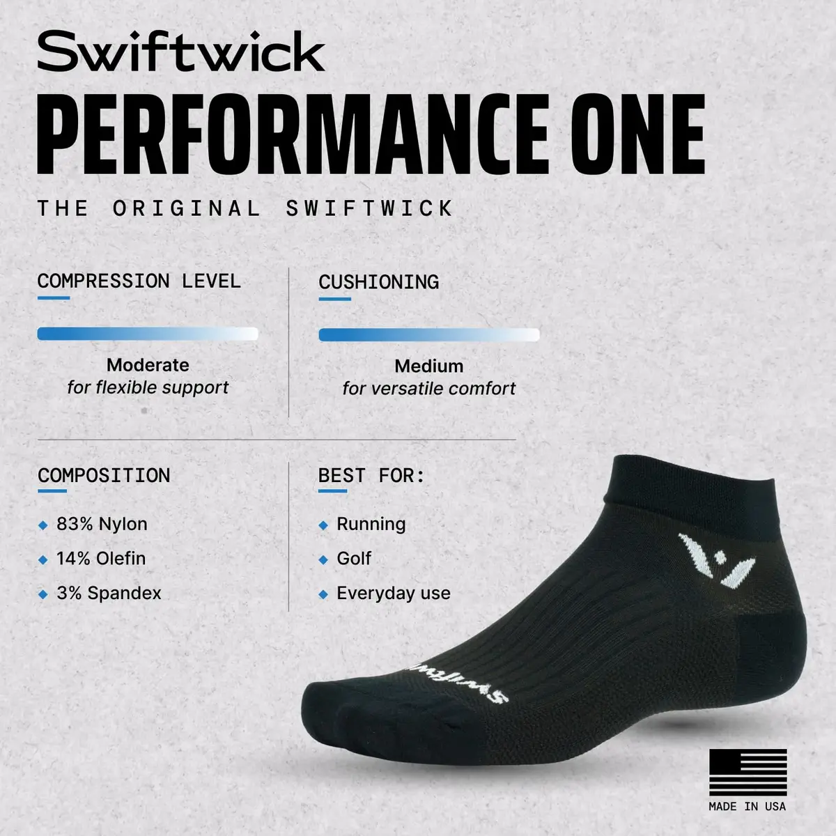 Swiftwick PERFORMANCE ONE Running & Golf Socks, Black, Small | Moisture-Wicking, Medium Cushion, USA Design - view 4