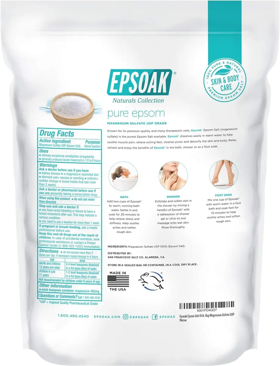 Epsoak Epsom Salt 19 lb. Magnesium Sulfate USP | Unscented, Made in USA, Cruelty-Free - view 7