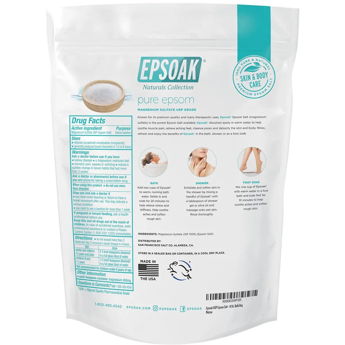 Epsoak Epsom Salt 10 lb (4.54 kg) Unscented Magnesium Sulfate USP | Pure Bath & Foot Soak Crystals - view 2