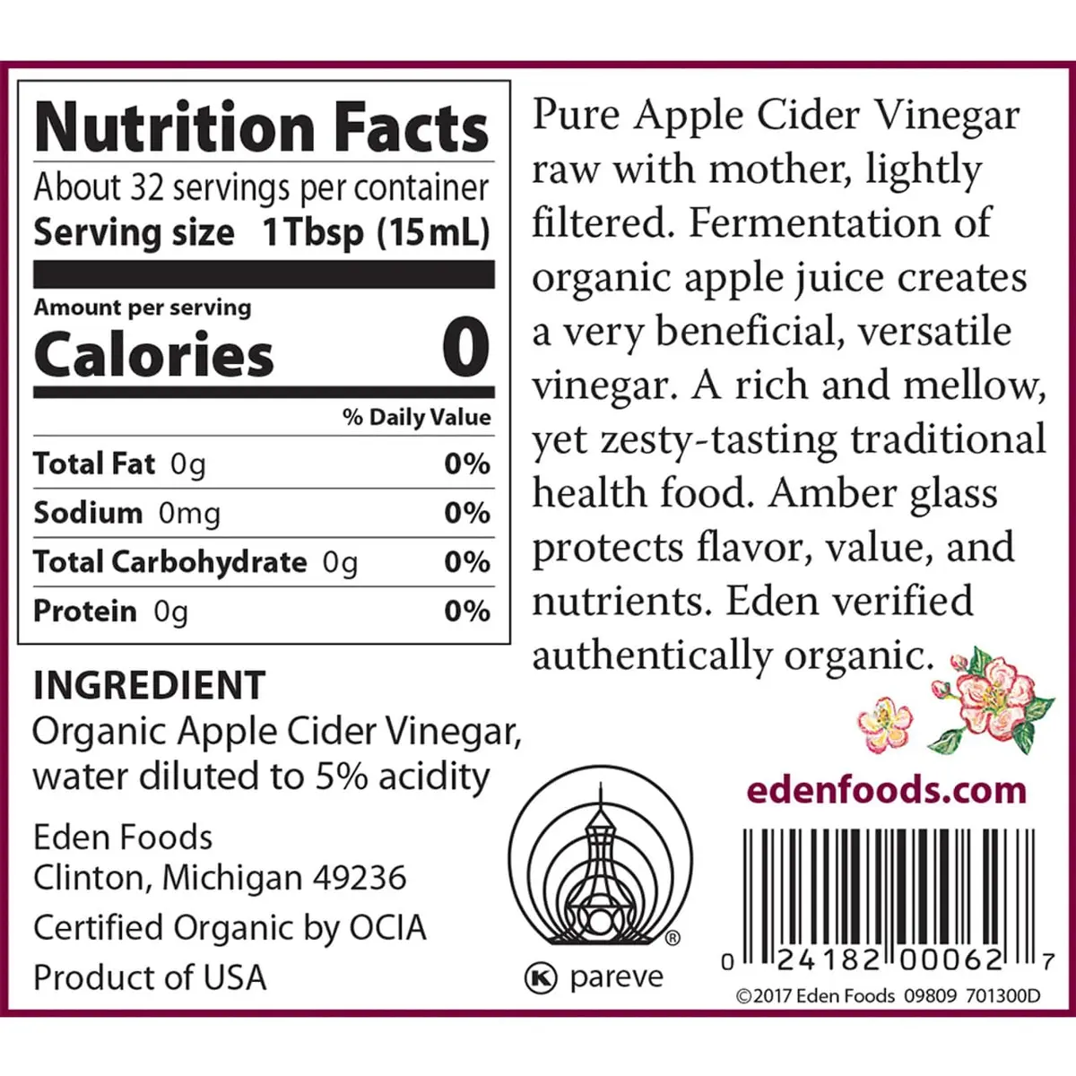 Eden Organic Apple Cider Vinegar Raw Unpasteurized with Mother 473ml (16 Fl Oz) | Fermented with The Mother - view 2