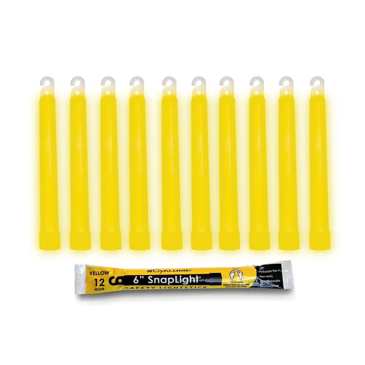 Cyalume Yellow Survival Glow Sticks - 10 Pack, 6" Long, 12-Hour Duration | Emergency Flares & Hiking Safety Gear - main product image