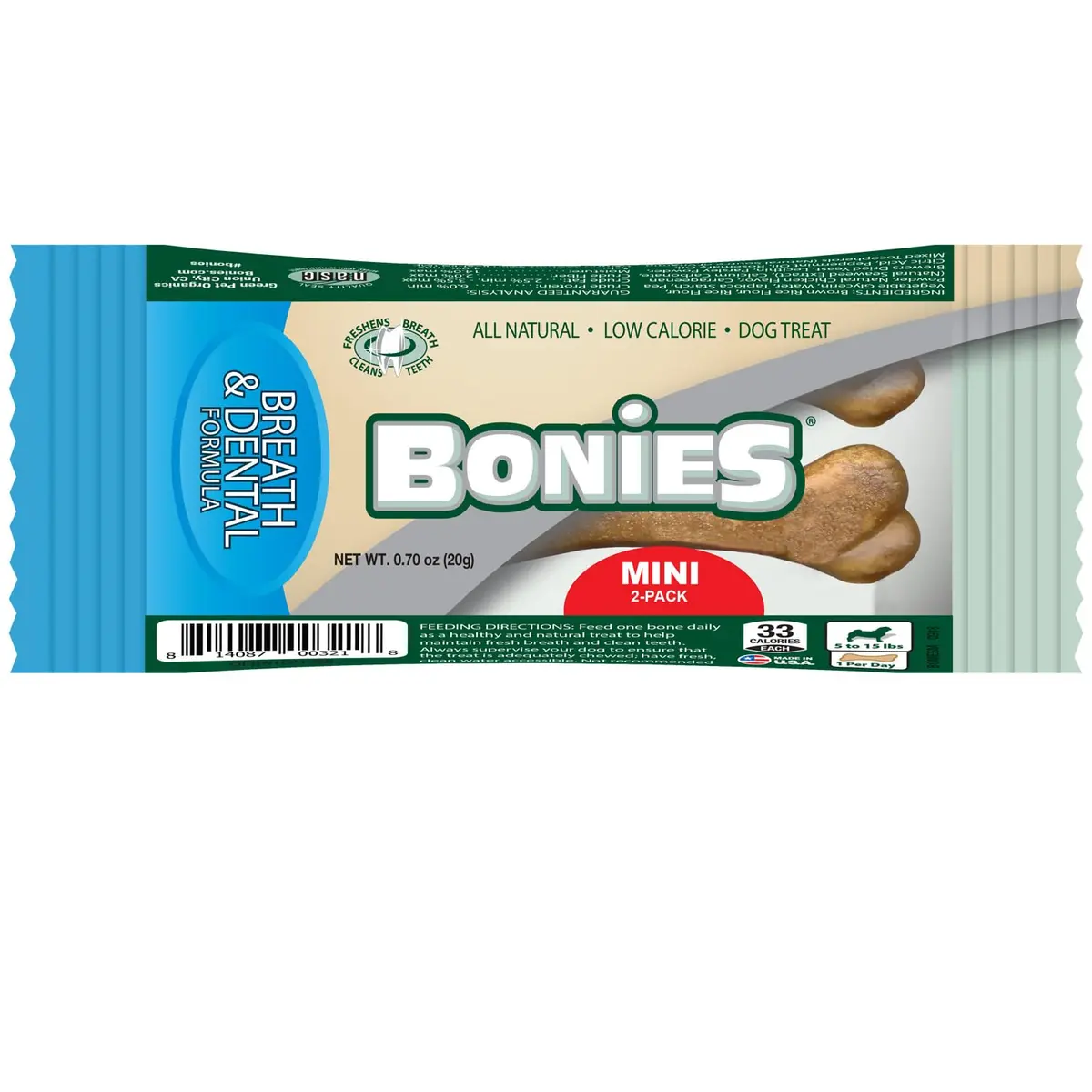 Bonies Natural Breath and Dental Formula Treats for Dogs, 2 Mini Bones Pack | All Natural, Freshens Breath, Low Calories, Made in USA - main product image