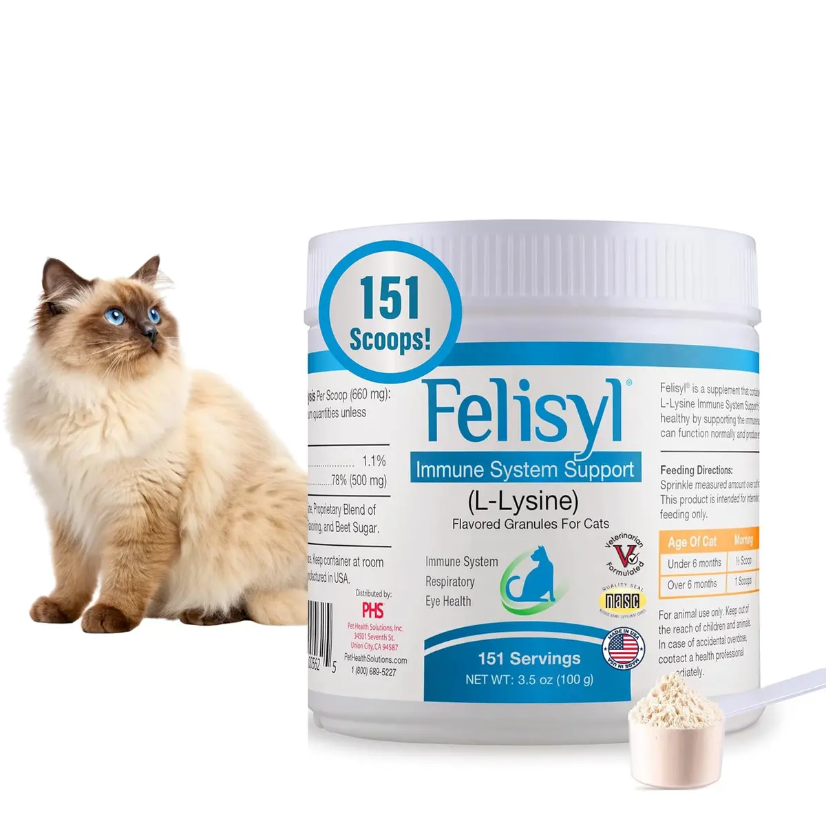 Pet Health Solutions Felisyl L-Lysine Granules for Cats 100g (3.5 oz) Supports Immune & Respiratory Health - main product image