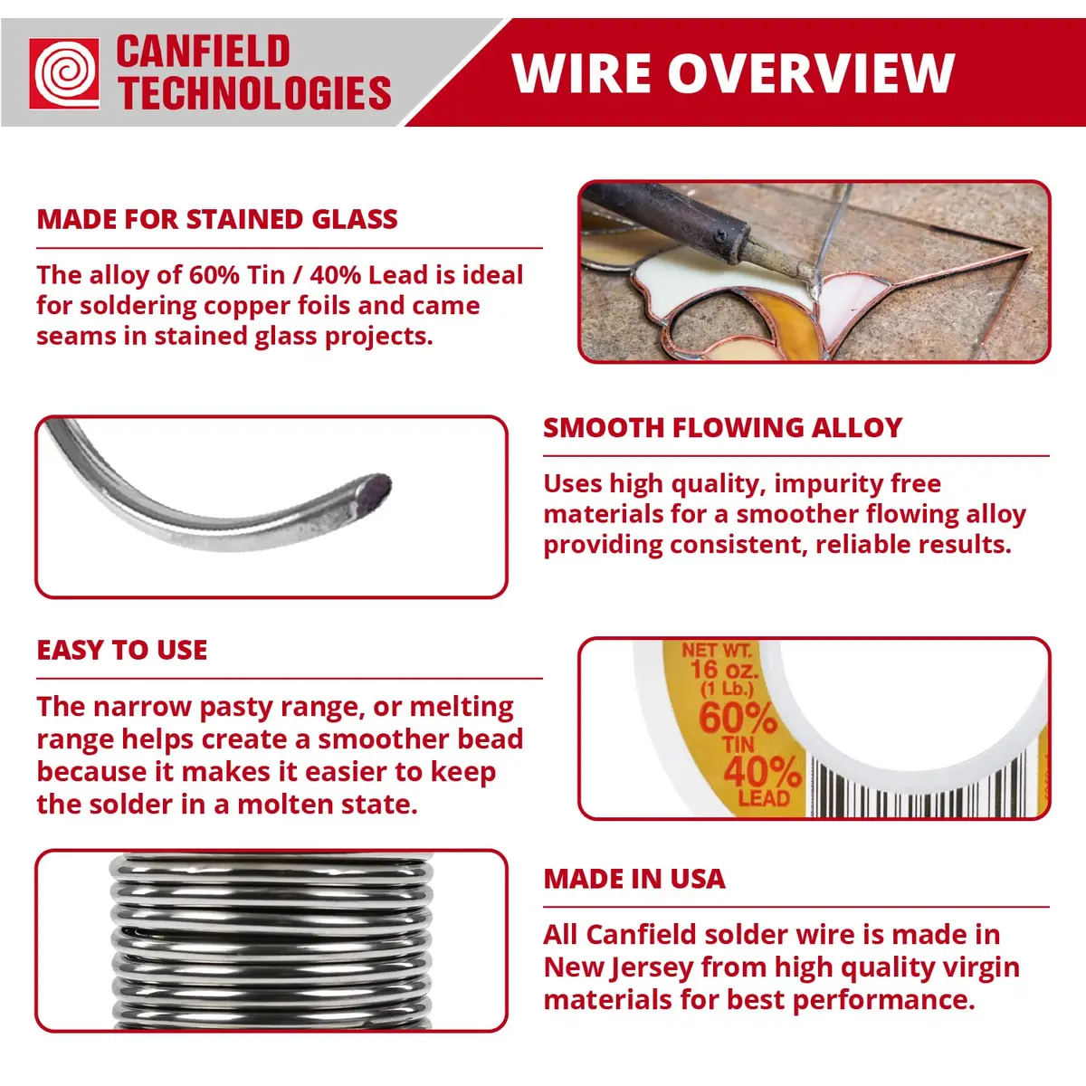 Canfield 60/40 Solder for Stained Glass | Virgin Material, 1Lb Spool, Silver - view 2