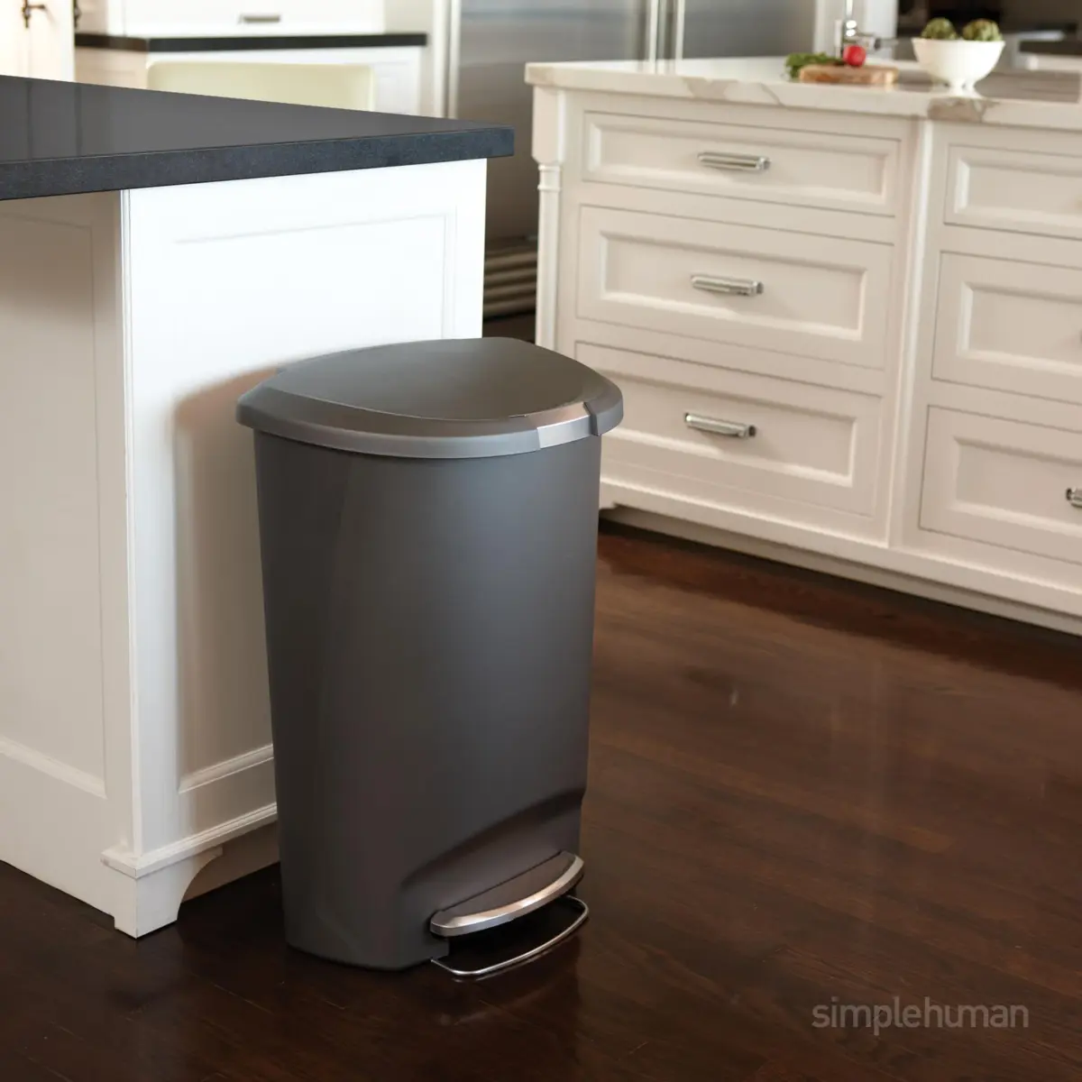 simplehuman 50 Liter (13 Gallon) Semi-Round Kitchen Step Trash Can with Slide Lock, Grey Plastic | Space-Efficient Design for Busy Kitchens - view 2