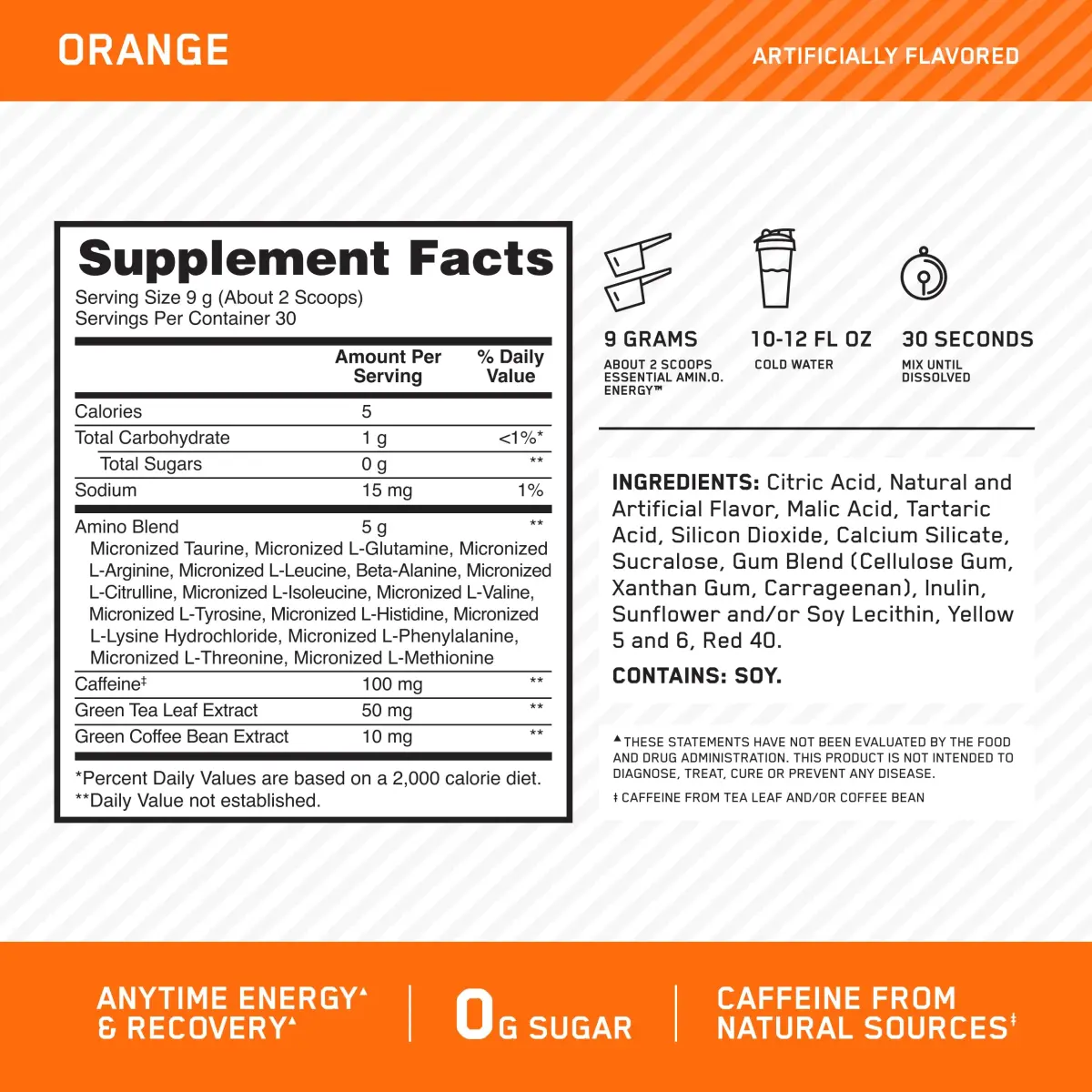 Optimum Nutrition Amino Energy Powder Orange Cooler 270g (9.5 Oz) | BCAAs & Caffeine for Energy & Focus - view 4