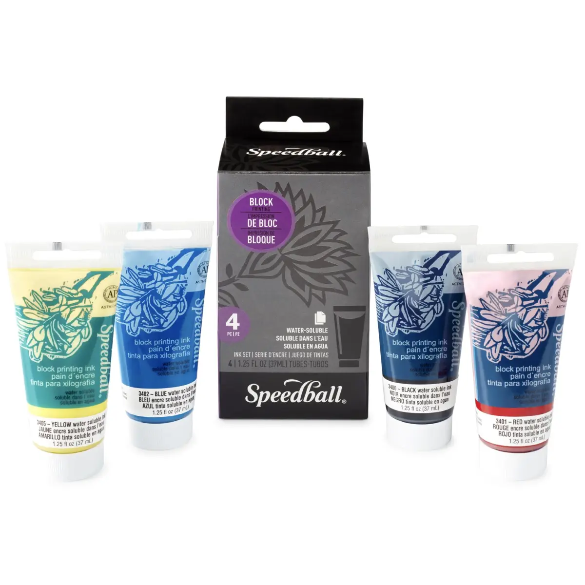 Speedball Water-Soluble Block Printing Ink Set – 4 Bold Colors 37ml (1.25 Fl Oz) | Satiny Finish for Lino & Fabric - main product image