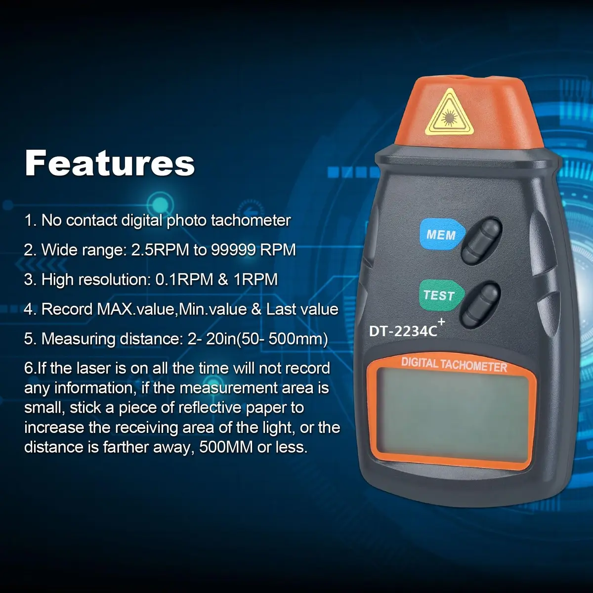 AGPTEK Professional Digital Laser Photo Tachometer Non Contact RPM Tach 131mm (5.16 inch) - view 3