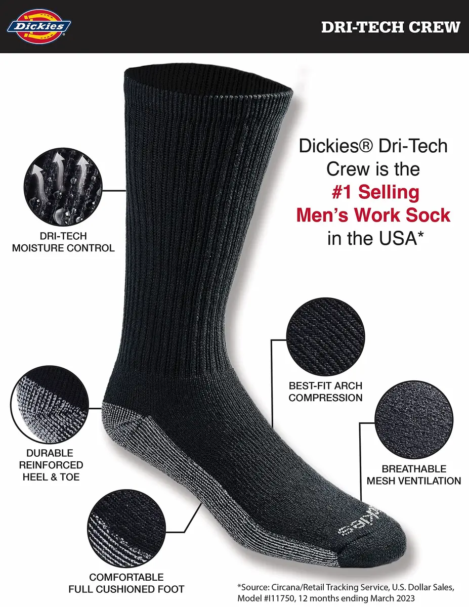 Dickies Dri-Tech Moisture Control Crew Socks Large | Breathable & Reinforced (70-120 chars) - view 2