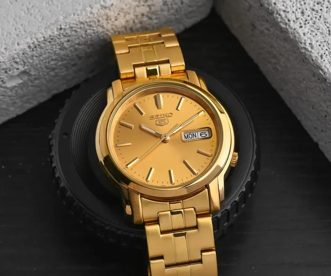 Seiko Men's SNKK76 Gold Plated Stainless Steel Analog Watch | 38mm Gold Dial & Automatic Movement - view 6