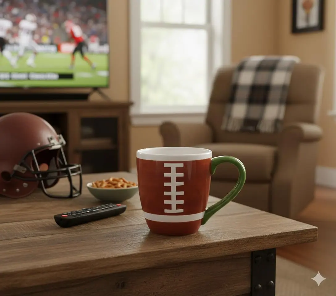 burton+BURTON Hand-Painted Ceramic Football Mug 414ml (14 oz) | Realistic 3D Dimpled Texture Sports Cup - view 3