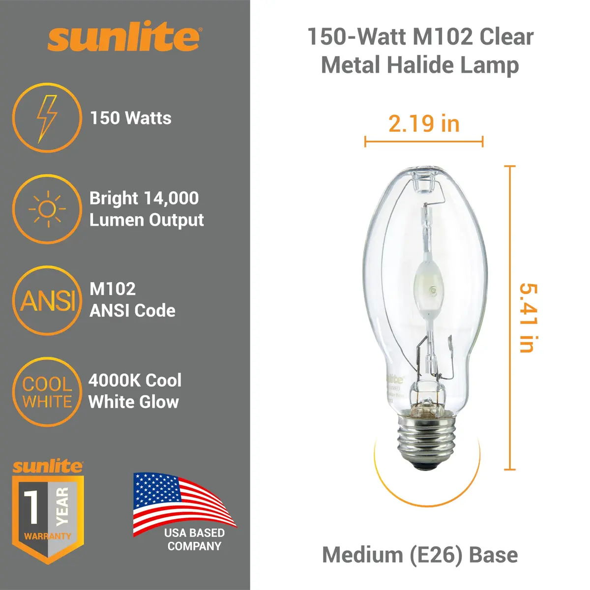 Sunlite Metal Halide Lamp 150W | Pulse Start, ED17, E26, 14000 Lumens, 4000K - view 2