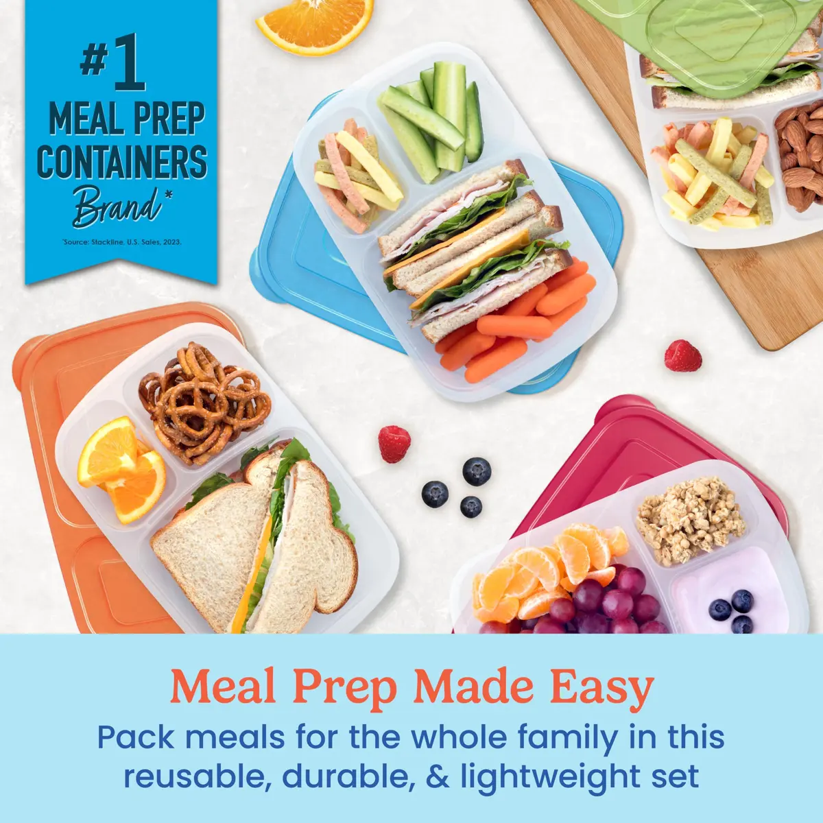 Bentgo Easyboxes - Stackable 3-Compartment Lunch Boxes 5 cups | Reusable BPA-Free Containers for Kids & Adults - view 2