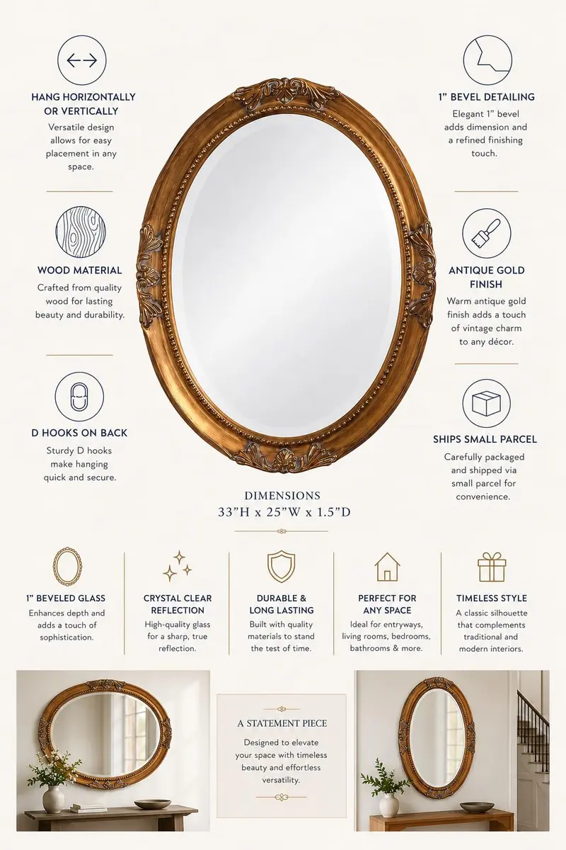 Howard Elliott Collection Queen Ann Oval Antique Gold Leaf Wall Mirror | Beveled, Vintage Style, 25 x 33 Inch - view 8