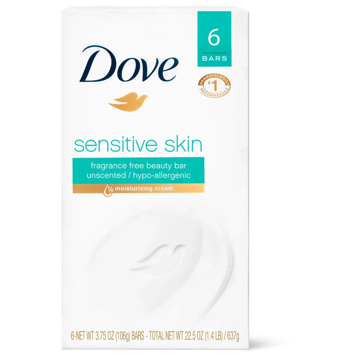 Dove Sensitive Skin Beauty Bar 106g (3.75 Oz) Pack of 6 | Hypoallergenic & Fragrance-Free Cleanser - main product image