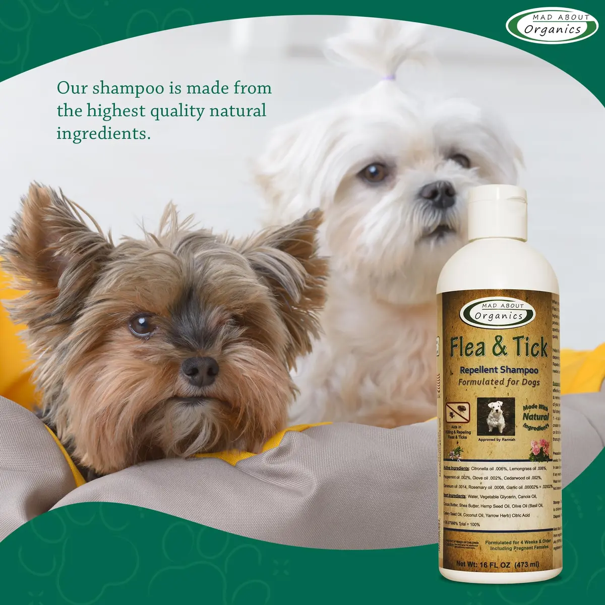 Mad About Organics Flea & Tick Protection Shampoo for Dogs – Gentle, pH Balanced, 16 FL OZ | Natural Shea & Cocoa Butter - view 5