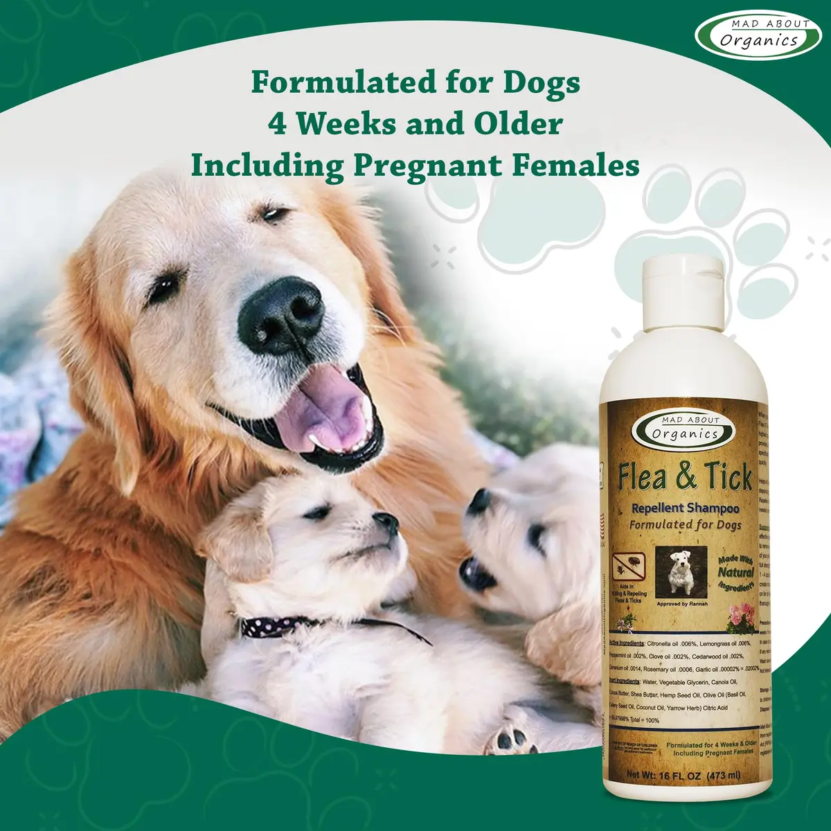 Mad About Organics Flea & Tick Protection Shampoo for Dogs – Gentle, pH Balanced, 16 FL OZ | Natural Shea & Cocoa Butter - view 6
