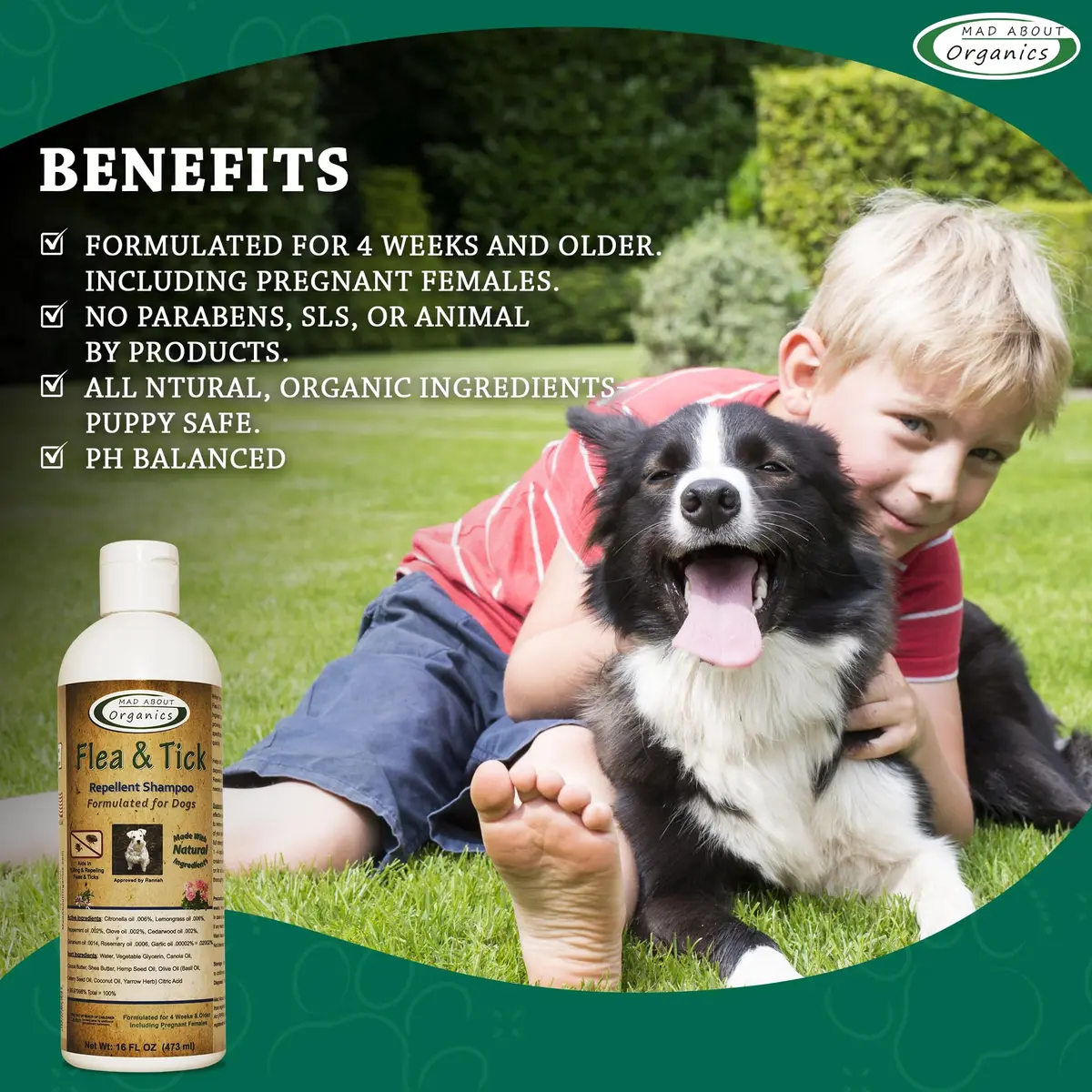 Mad About Organics Flea & Tick Protection Shampoo for Dogs – Gentle, pH Balanced, 16 FL OZ | Natural Shea & Cocoa Butter - view 3
