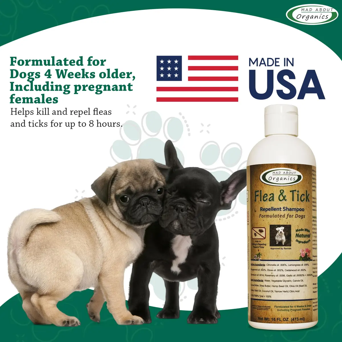 Mad About Organics Flea & Tick Protection Shampoo for Dogs – Gentle, pH Balanced, 16 FL OZ | Natural Shea & Cocoa Butter - view 4