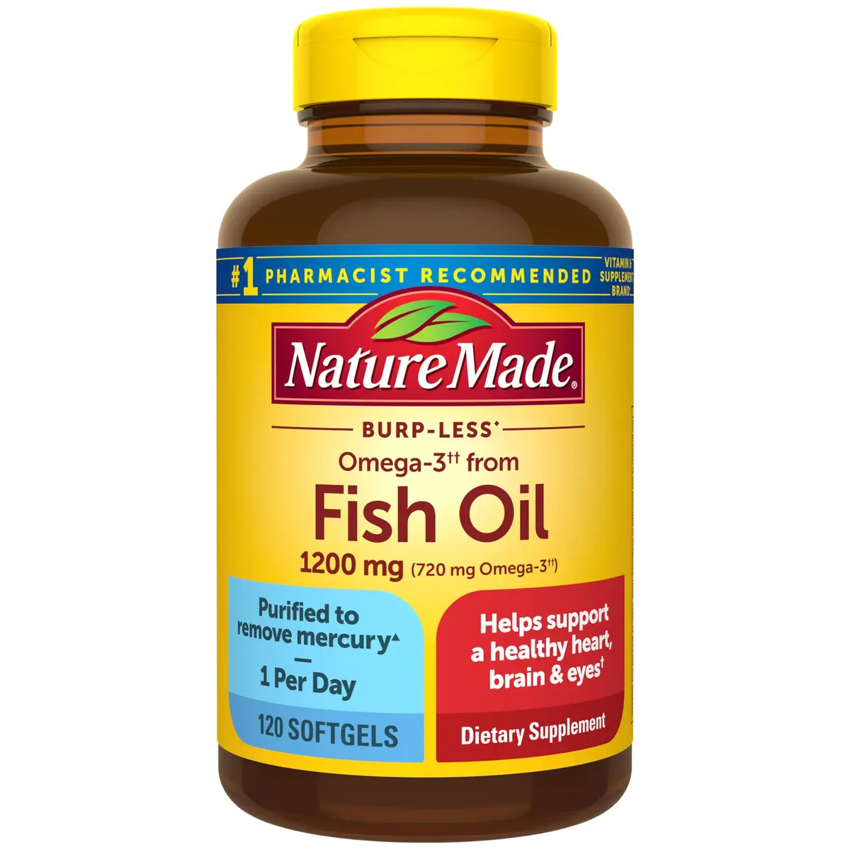 Nature Made Burp Less Fish Oil Omega 3 1200 mg Softgels, 120 Count | Heart, Brain & Eye Support - main product image