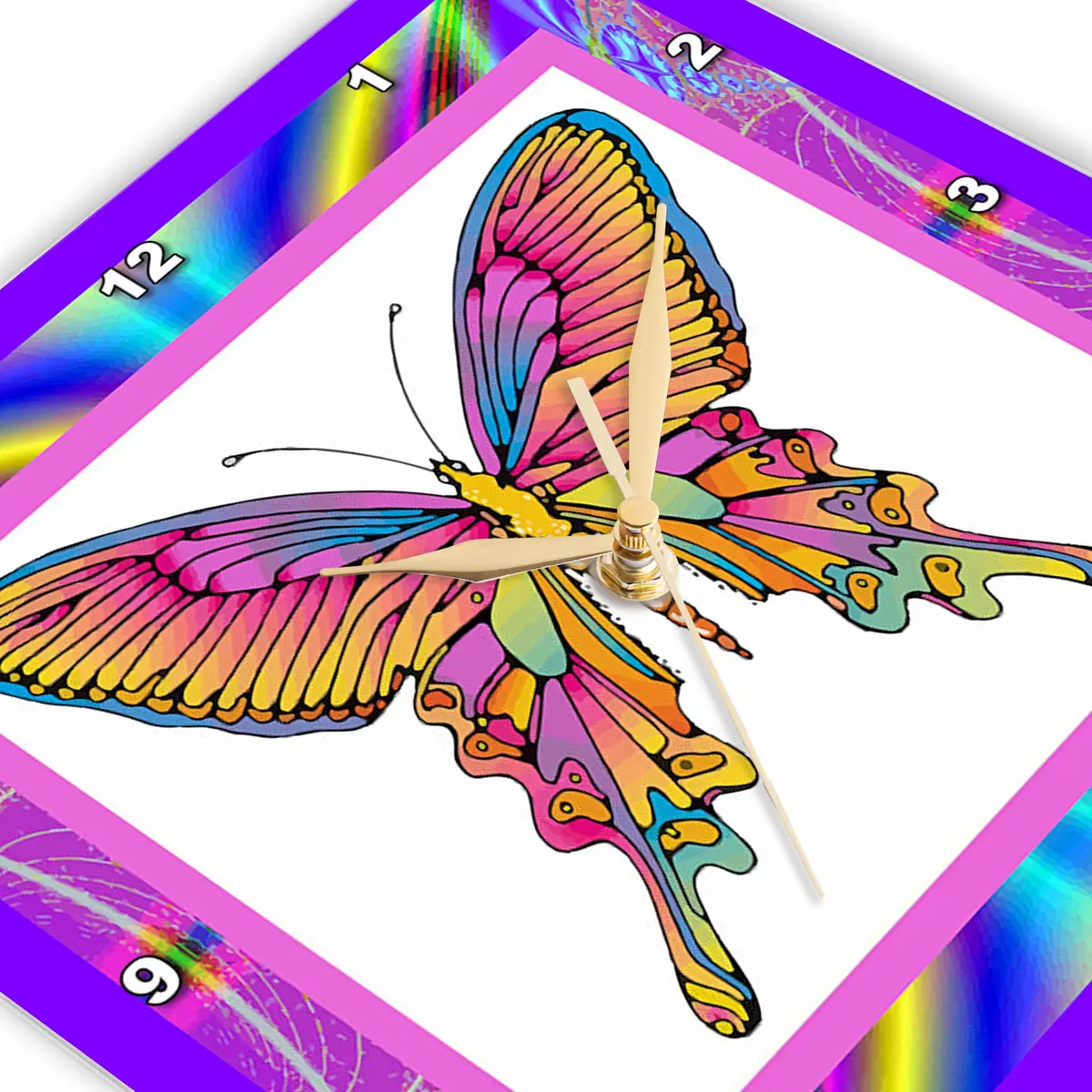 3dRose Wall Clock Silent - 10 inch - Psychedelic Butterfly - Designs Retro Themes | 10 inch Round Aluminum - view 5