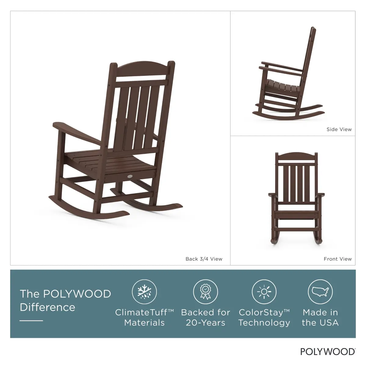 Polywood Presidential Rocking Chair in Mahogany | Durable Outdoor Furniture (70-120 chars) - view 2