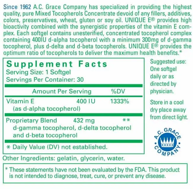 Unique E Mixed Tocopherols Vitamin E Softgels 30 Count | High Gamma Complex Support - view 4