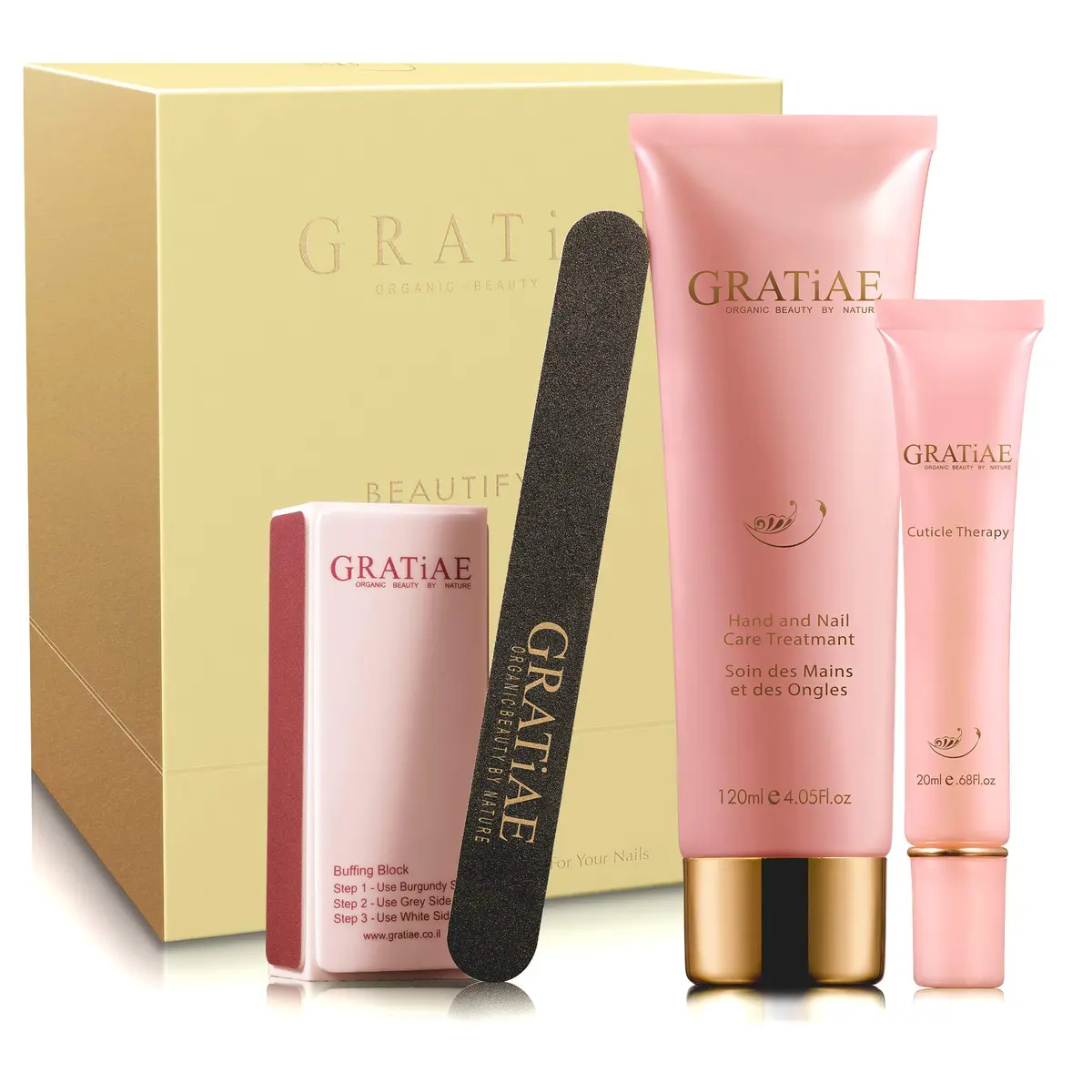 Gratiae Organic Beauty Nail Buffer Kit for Salon-Quality Manicure | 3-Step Buffer, Cuticle Oil & Hand Lotion (1.35 lbs, 13.5 cm x 5.08 cm x 18.54 cm) - main product image