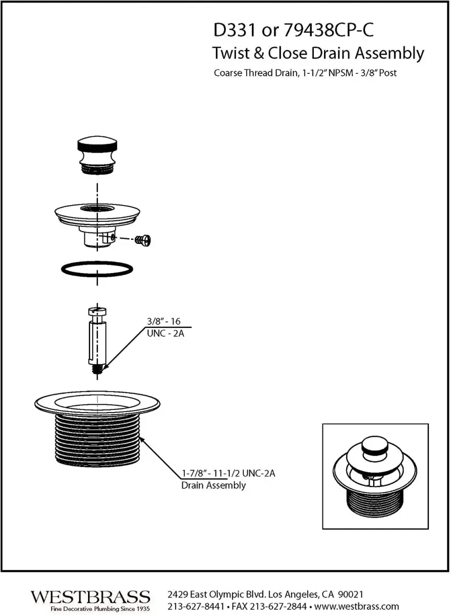 Westbrass 79438CP-Z Twist & Close Bathtub Drain Plug 3.8cm (1.5") | Fits Coarse Thread Tub Drain Shoe - view 2