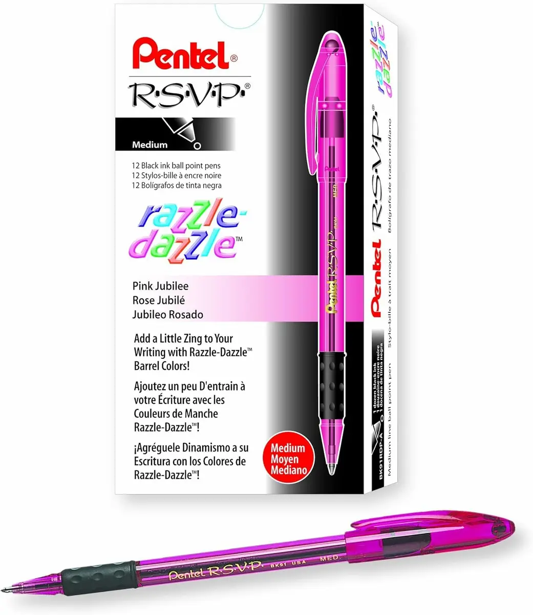 Pentel RSVP Razzle-Dazzle Ballpoint Pen (1.0mm) Medium Line | Pink Barrel, Black Ink, Box of 12 - main product image