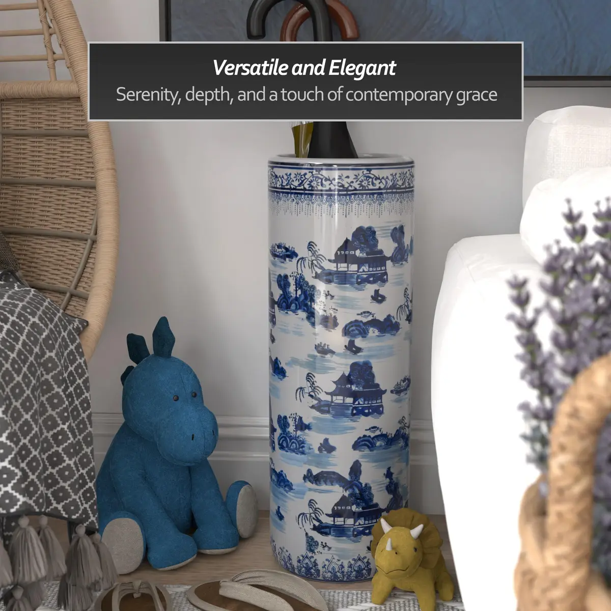 Red Lantern Oriental Furniture 20" Landscape Blue & White Porcelain Umbrella Stand | Traditional Chinese Design - view 5