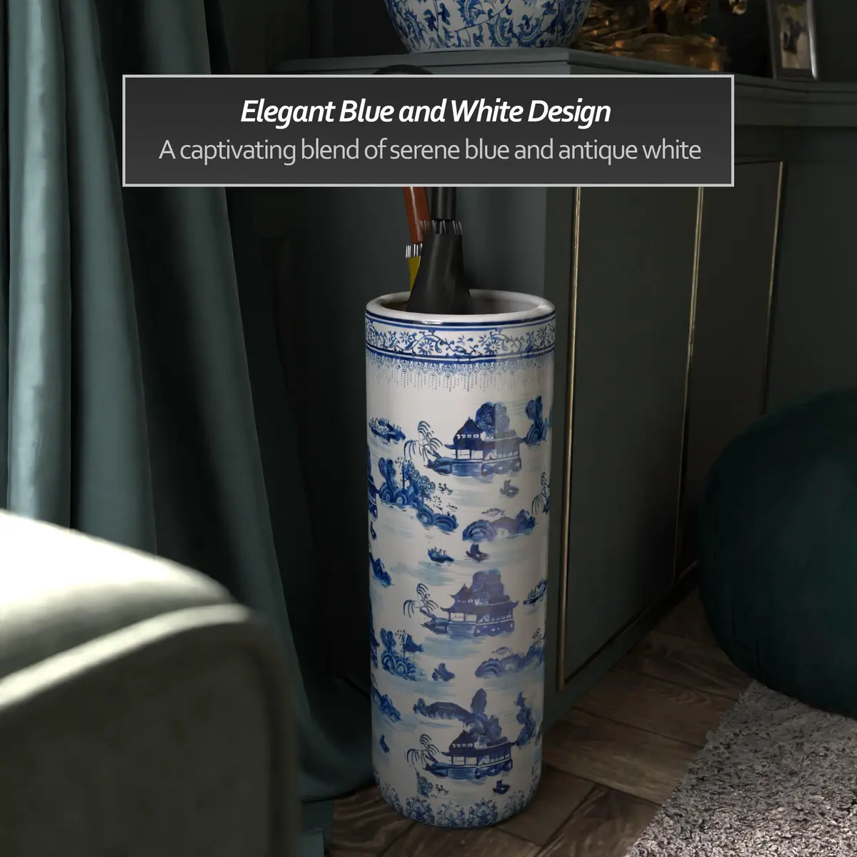 Red Lantern Oriental Furniture 20" Landscape Blue & White Porcelain Umbrella Stand | Traditional Chinese Design - view 2