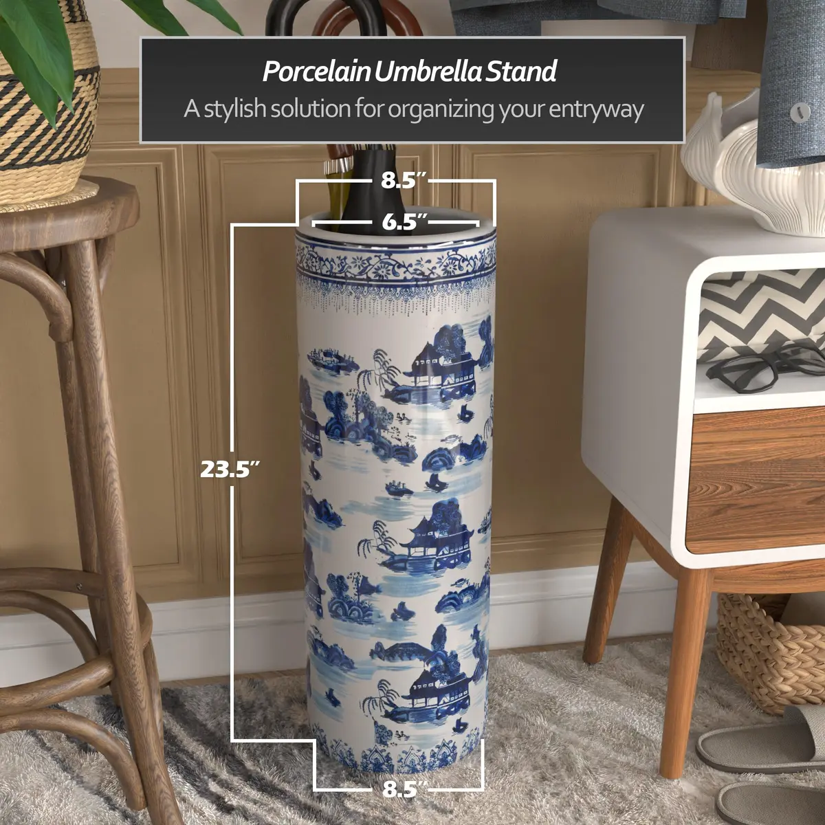 Red Lantern Oriental Furniture 20" Landscape Blue & White Porcelain Umbrella Stand | Traditional Chinese Design - view 4