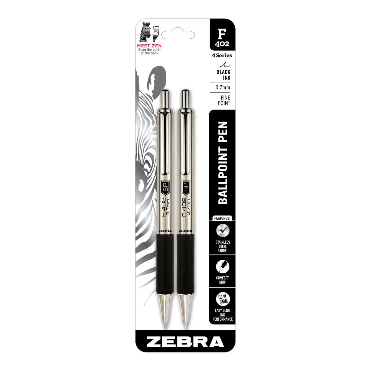 Zebra Pen STEEL F-402 Retractable Ballpoint Pen 0.7mm | Durable Stainless Steel, Precise Fine Point, Refillable, 2-Pack - main product image