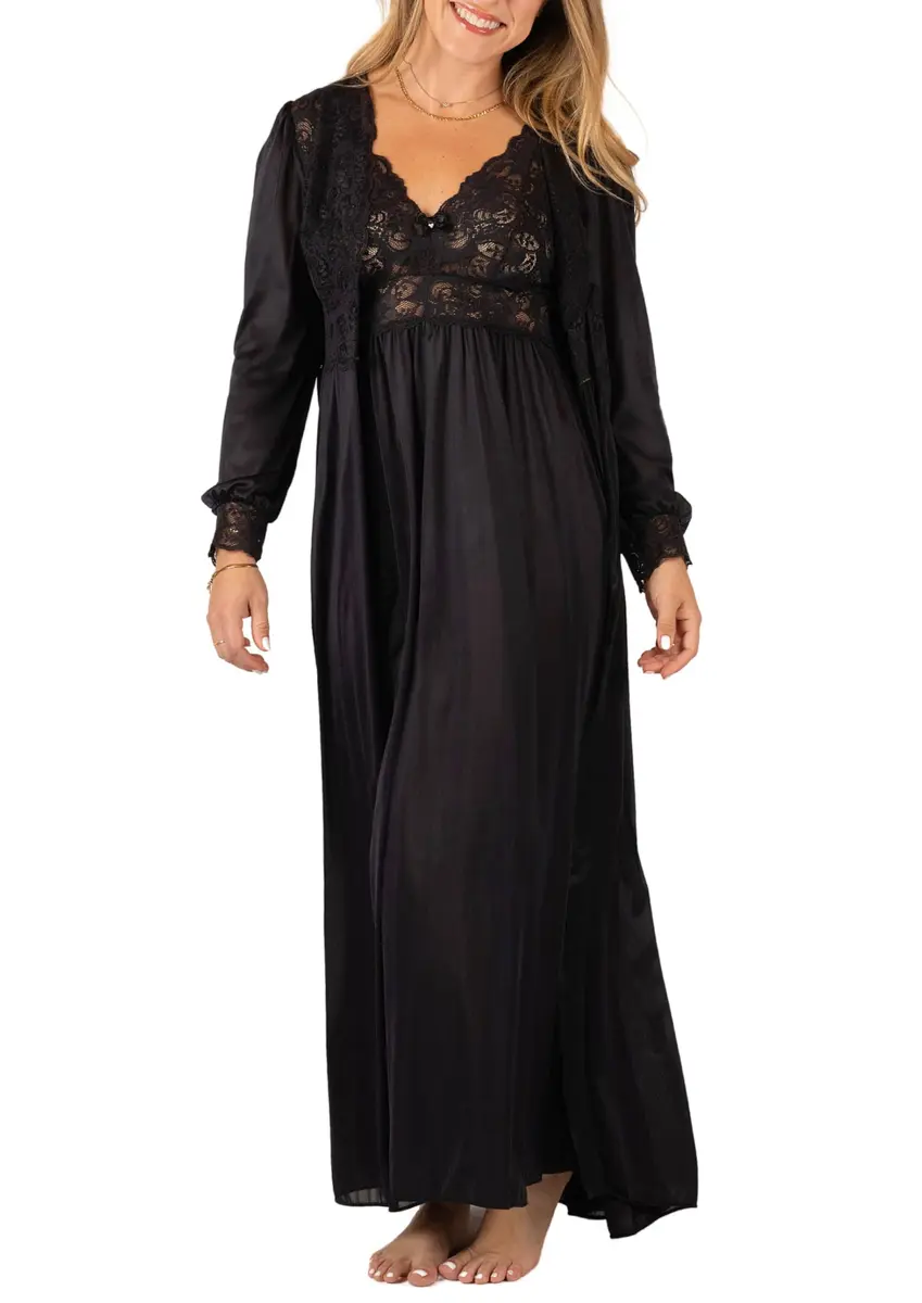 Shadowline Women's Nightgown Robe Silhouette Gown Peignoir 2 Piece Sleepwear Set, Black, 1X | Luxurious Nylon & Lace, Perfect for Romantic Occasions - main product image