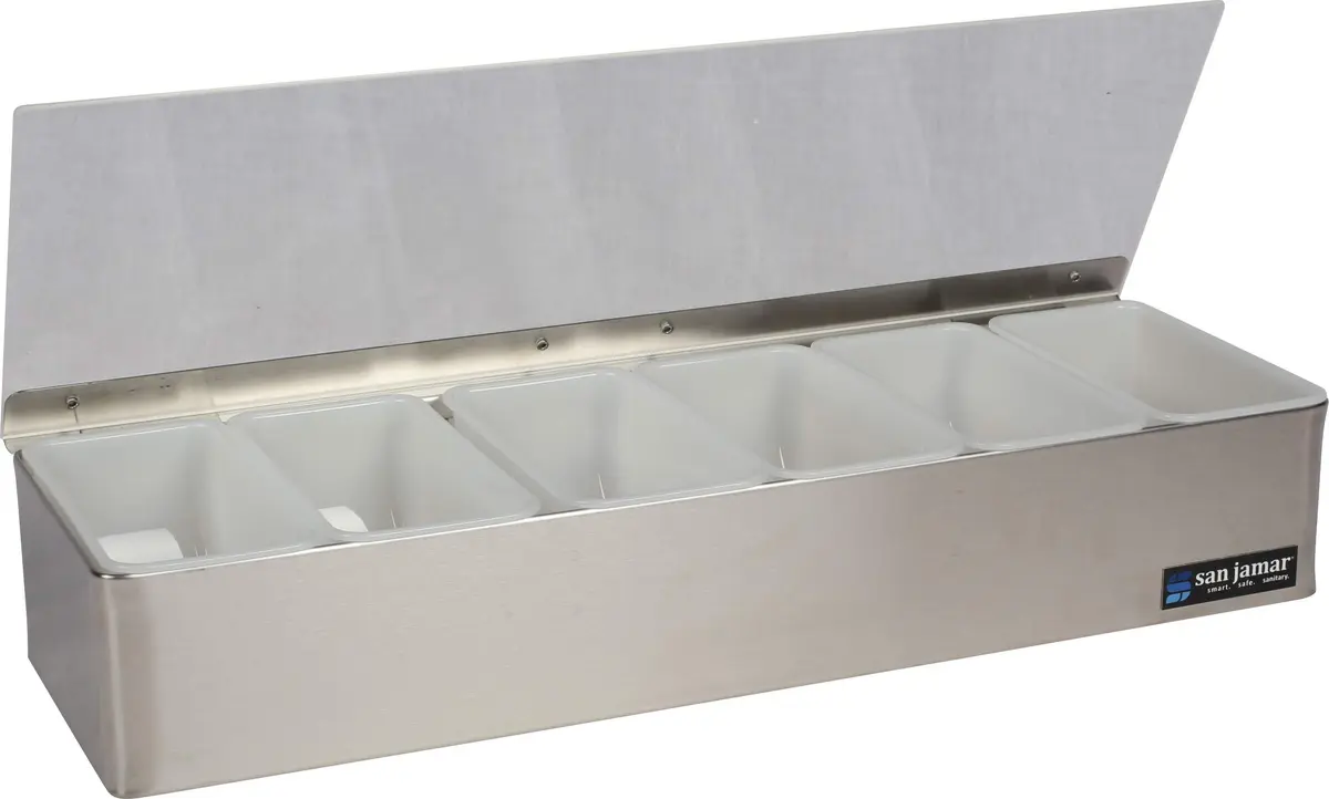 San Jamar Stainless Steel Garnish Tray with Hinged Lid, 4.4 L (18.5 X 6.5 X 4 Inches) | Professional Bar & Restaurant Serveware - main product image