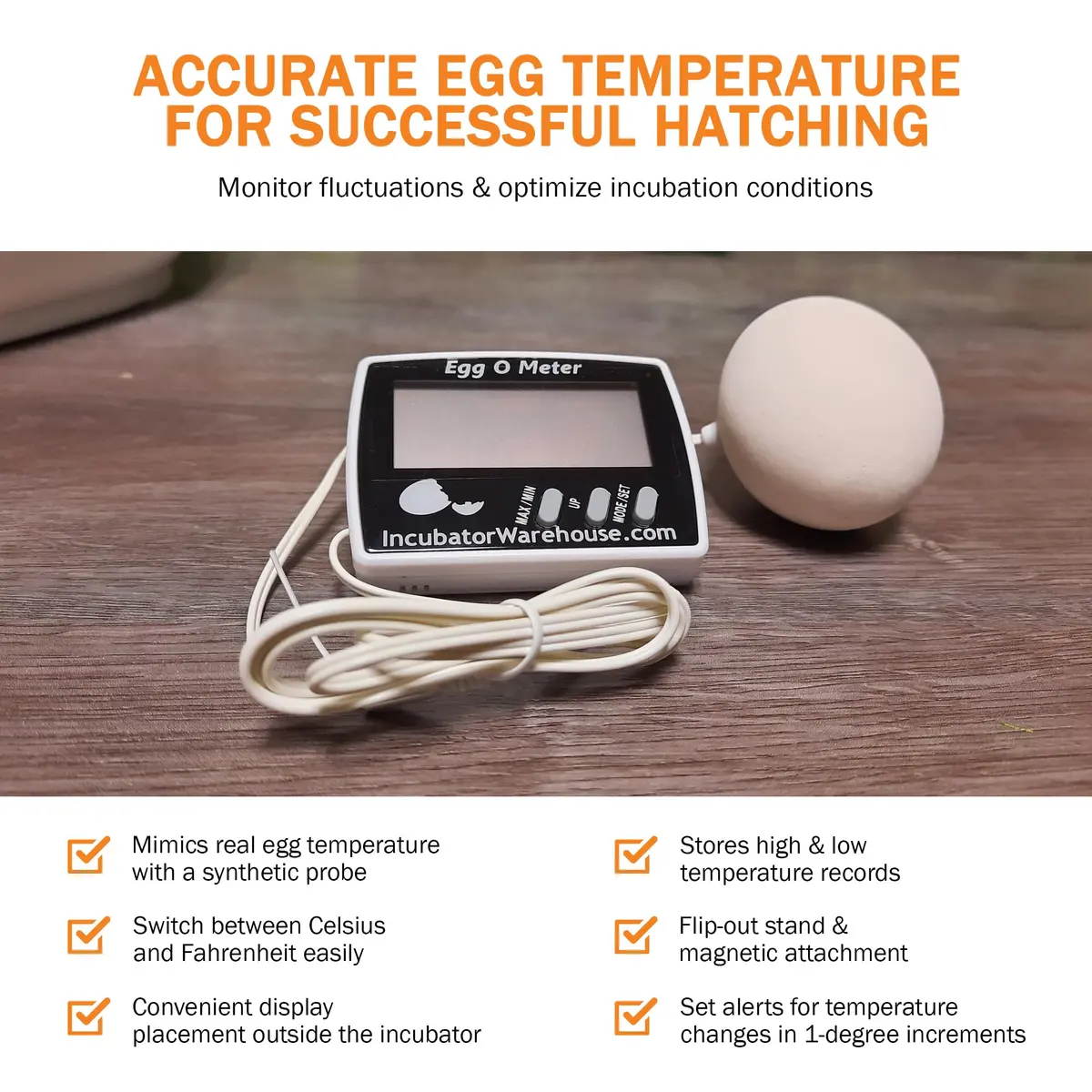 Incubator Warehouse Egg-O-Meter Egg Thermometer with Large LCD, Min/Max Memory, 36-inch Cord, Alarm, Synthetic Egg Probe - view 5