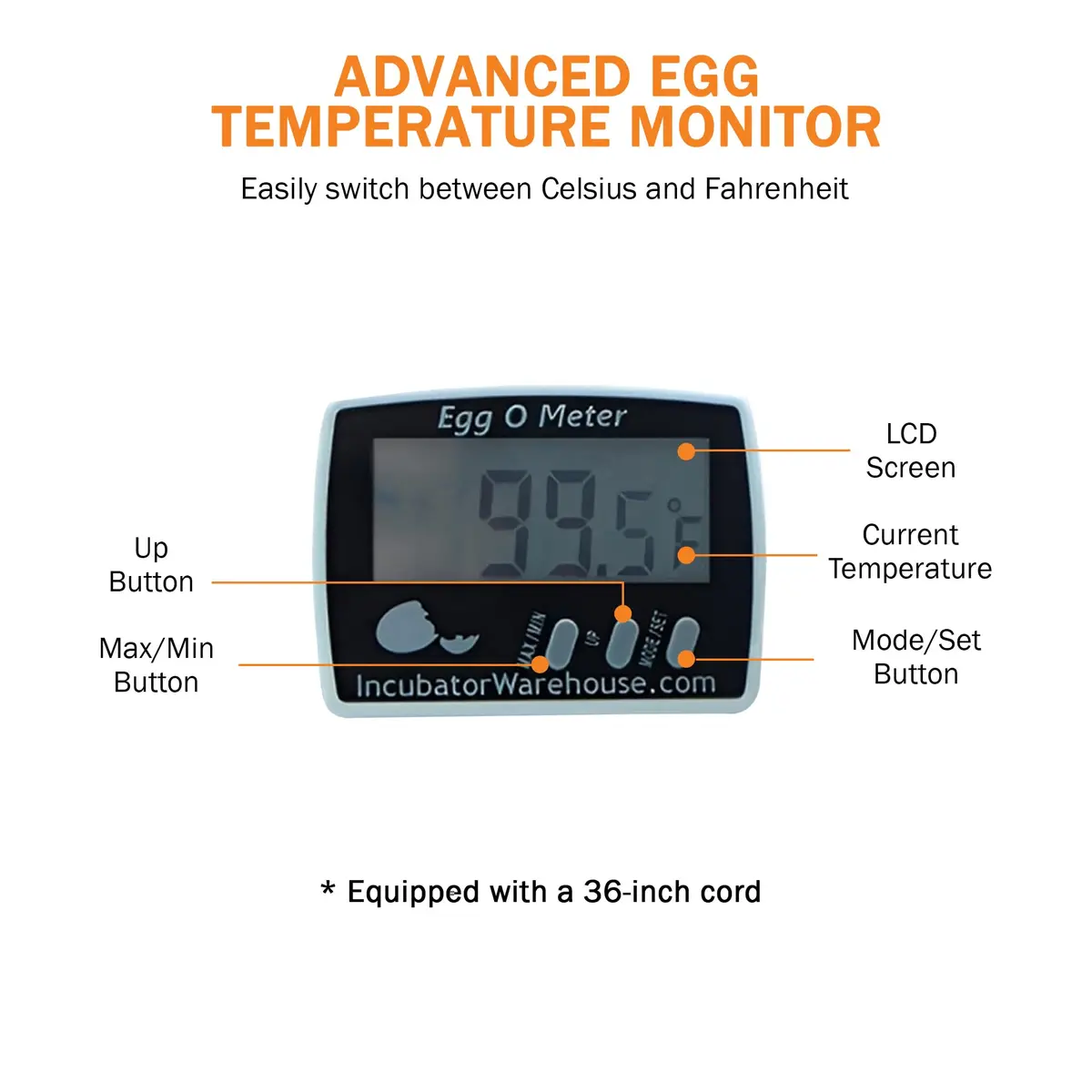 Incubator Warehouse Egg-O-Meter Egg Thermometer with Large LCD, Min/Max Memory, 36-inch Cord, Alarm, Synthetic Egg Probe - view 4