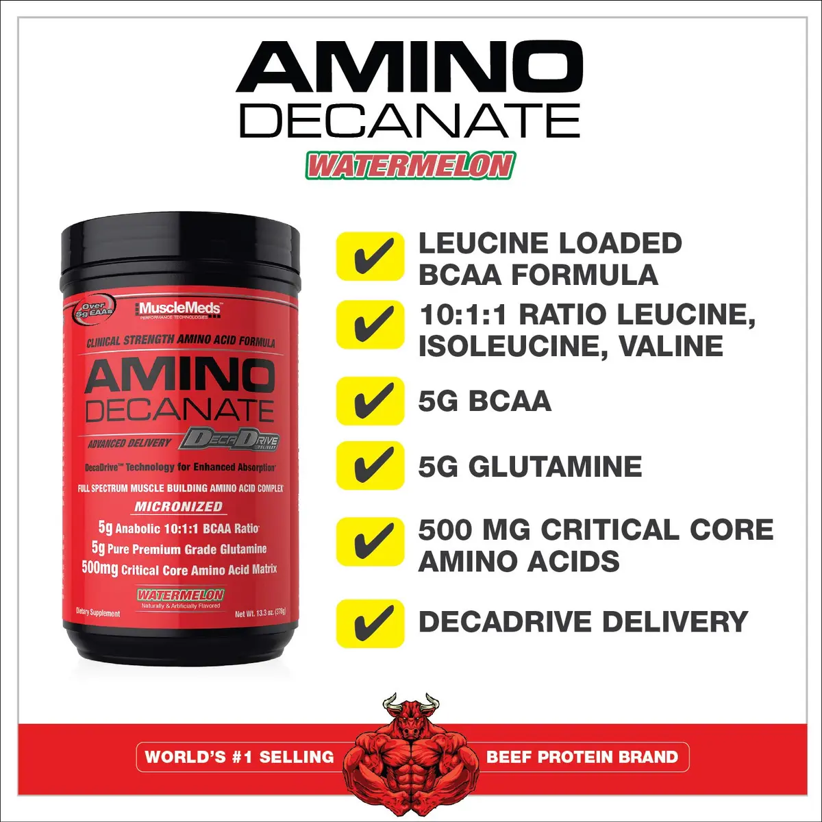 MuscleMeds Amino Decanate Watermelon 13.3 Oz | Full Spectrum Muscle Building Amino Acid Complex - view 4