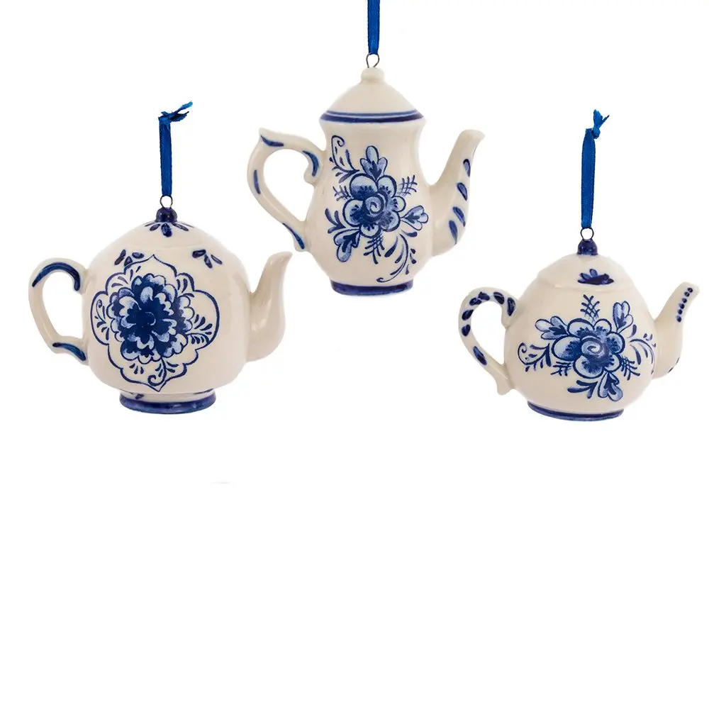 Kurt S. Adler Porcelain Delft Blue Teapot Ornament Set of 3 | 2-3" Hanging Christmas Decor with Blue Floral Design - view 2