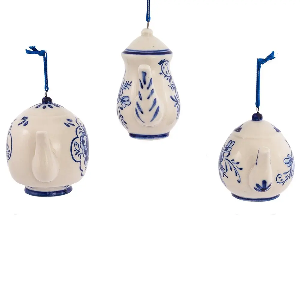 Kurt S. Adler Porcelain Delft Blue Teapot Ornament Set of 3 | 2-3" Hanging Christmas Decor with Blue Floral Design - view 3