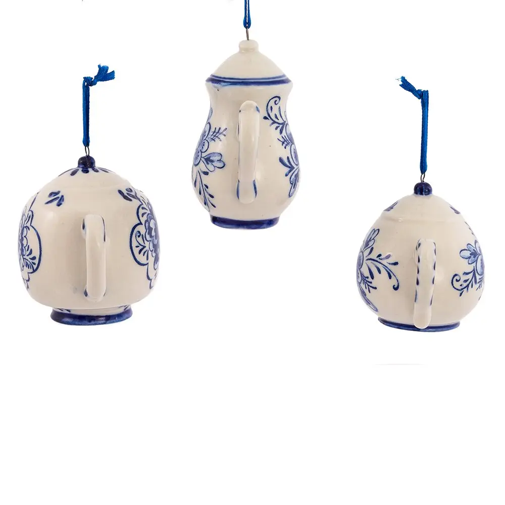 Kurt S. Adler Porcelain Delft Blue Teapot Ornament Set of 3 | 2-3" Hanging Christmas Decor with Blue Floral Design - view 4