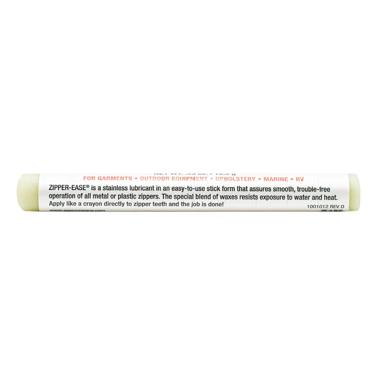 AGS Zipper-Ease Lubricant Stick 10.5g (0.37 oz) | Fix Stuck Zippers Instantly on Metal, Plastic & Nylon - view 2