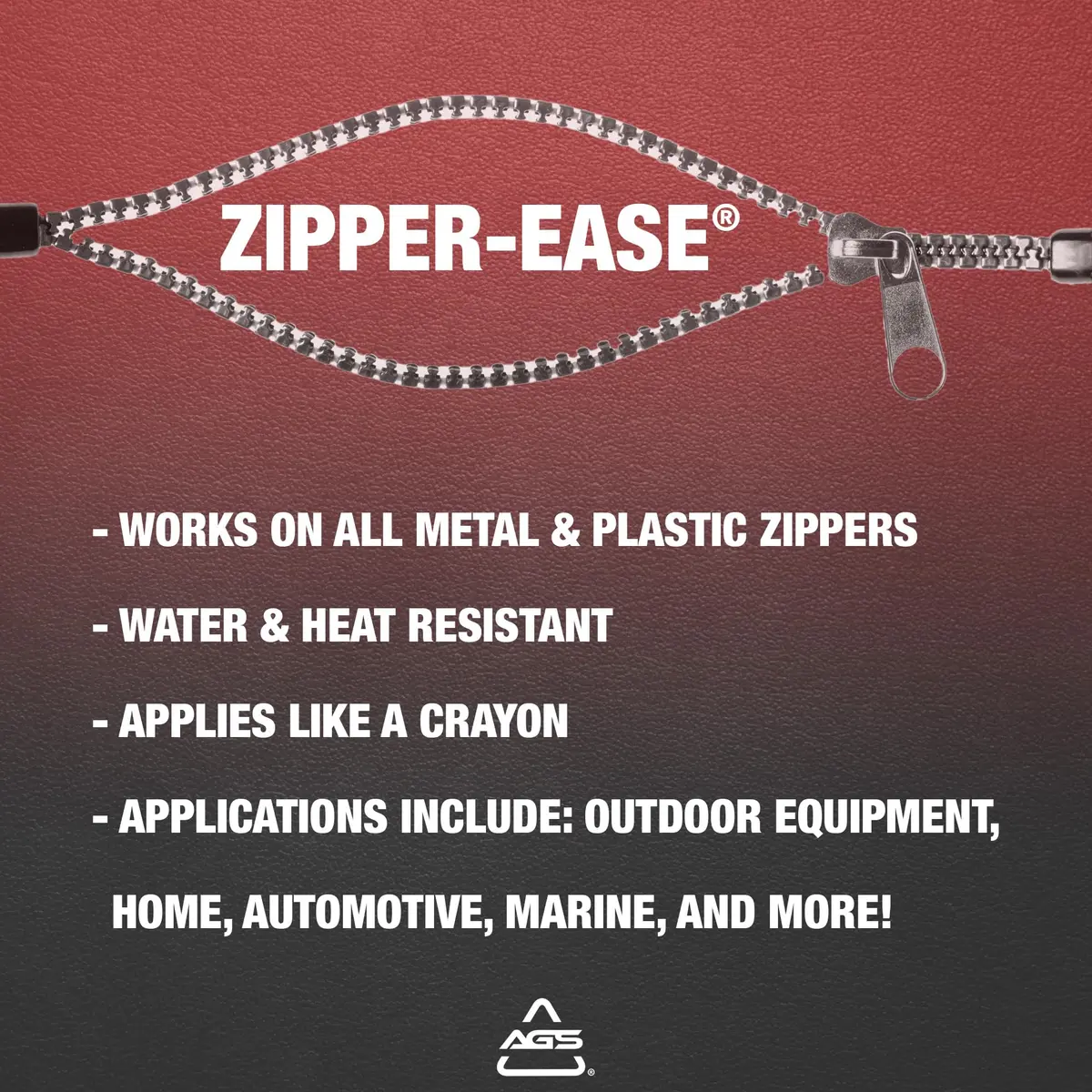AGS Zipper-Ease Lubricant Stick 10.5g (0.37 oz) | Fix Stuck Zippers Instantly on Metal, Plastic & Nylon - view 3