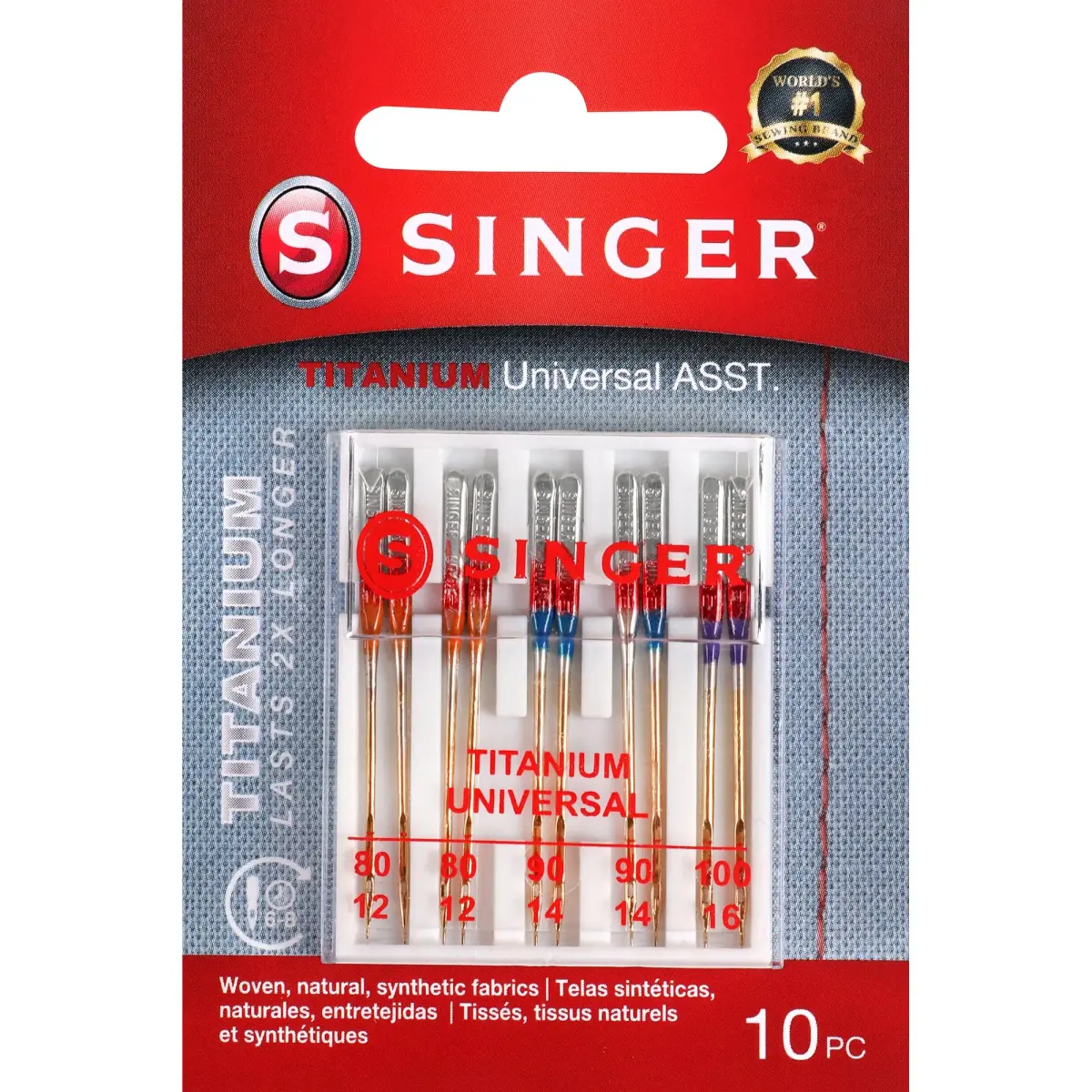 SINGER Titanium Universal Regular Point Machine Needles 80/11, 90/14, 100/16 (10-Count) | Durable Needles for Woven Fabrics - main product image