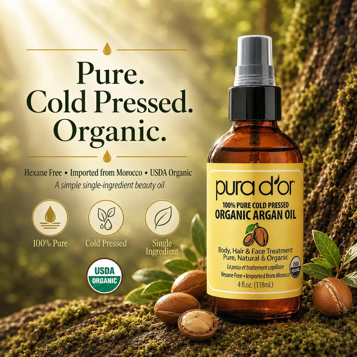PURA D'OR USDA Organic Moroccan Argan Oil 118ml (4 Fl Oz) | Cold-Pressed Virgin Grade Treatment for Hair, Skin, Scalp & Nails - view 6