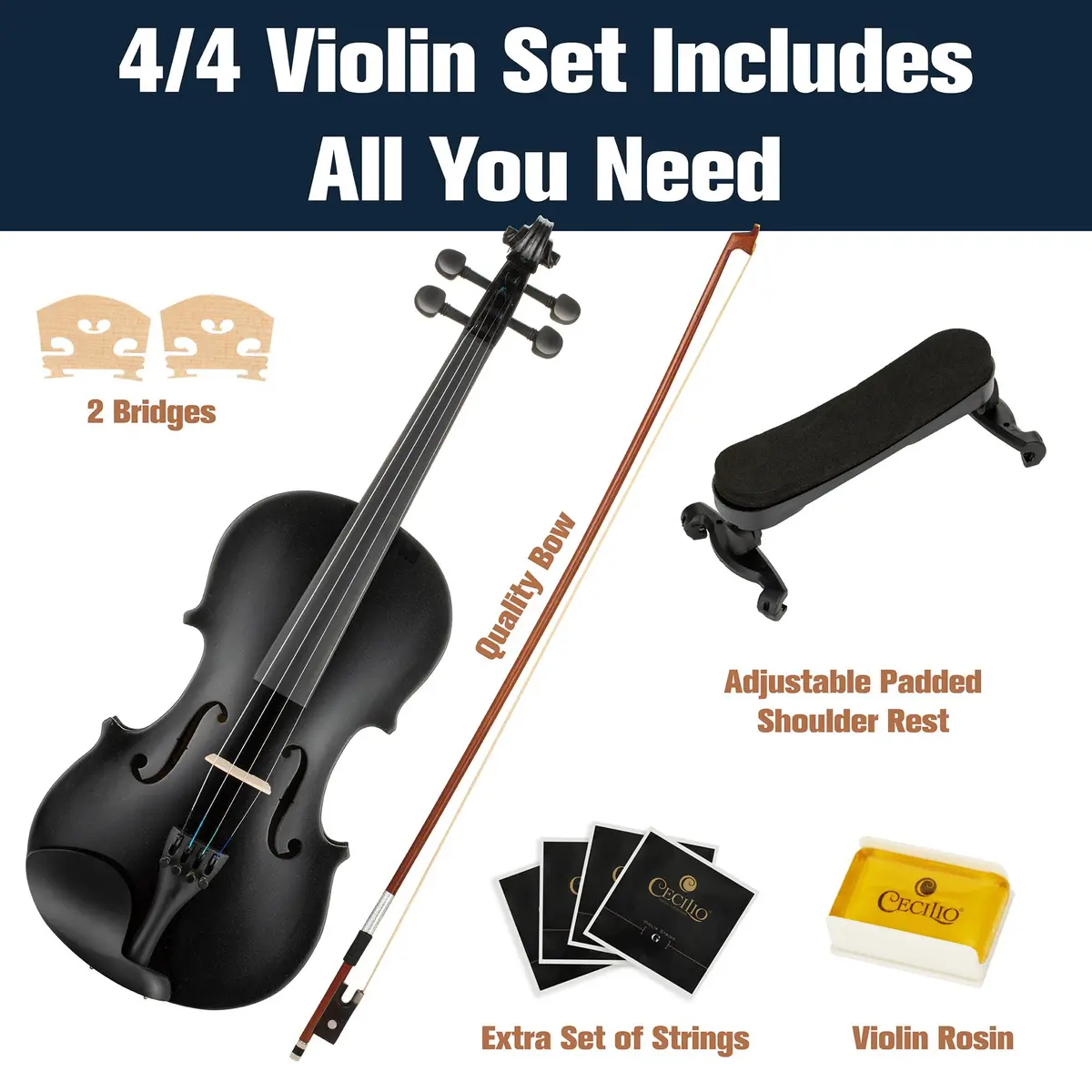 Mendini by Cecilio Violin 4/4 Full Size Kit | Hand Carved Acoustic Solid Wood for Beginners - view 5