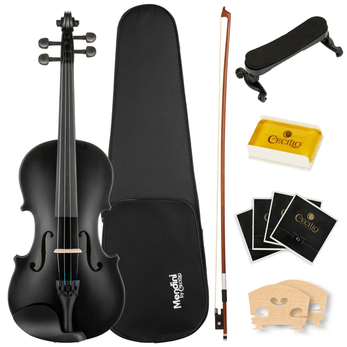 Mendini by Cecilio 4/4 Black Full Size Violin Starter Kit with Case, Bow, Rosin, Shoulder Rest & Extra Strings - main product image